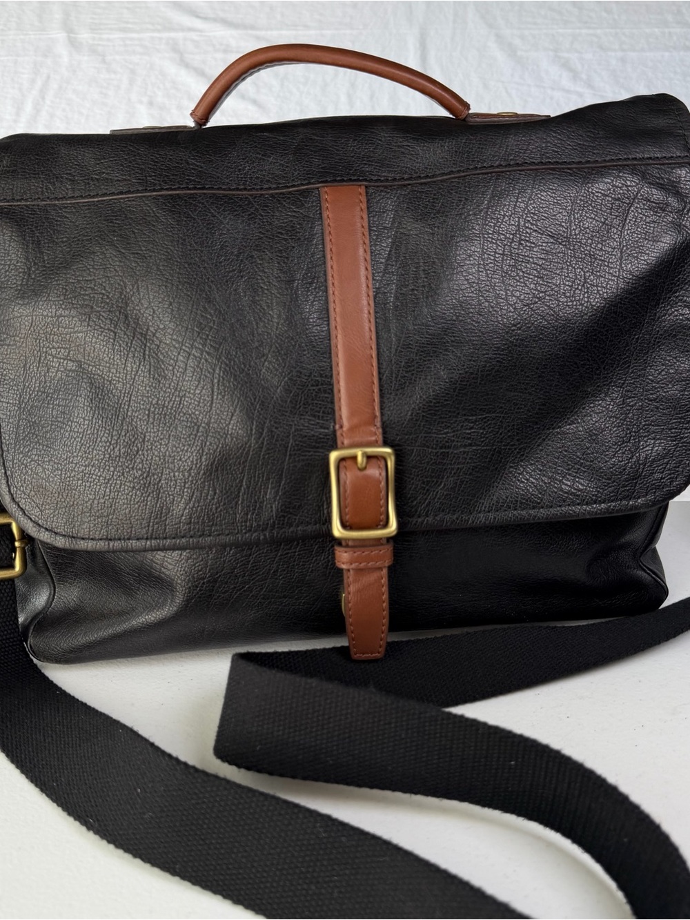 Fossil Leather Messenger Bag Brown Tan Canvas Strap